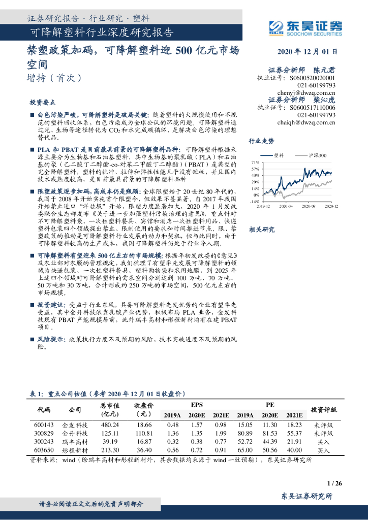 东吴证券:可降解塑料行业深度研究报告:禁塑政策加码,可降解塑料迎500亿元市场空间