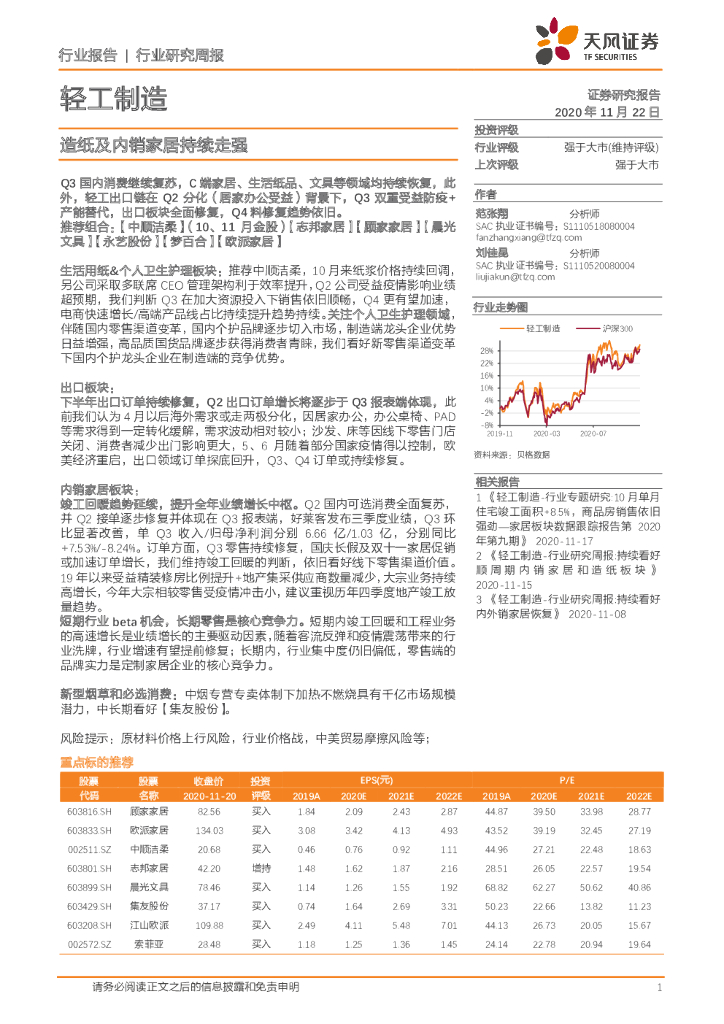天风证券：轻工制造行业：造纸及内销家居持续走强