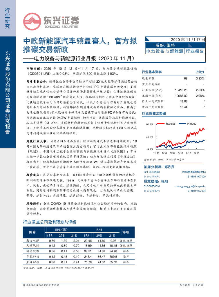 东兴证券：电力设备与新<em>能源</em>行业月报（2020年11月）：中欧新<em>能源</em>汽车销量喜人，官方拟推碳交易新政 海报