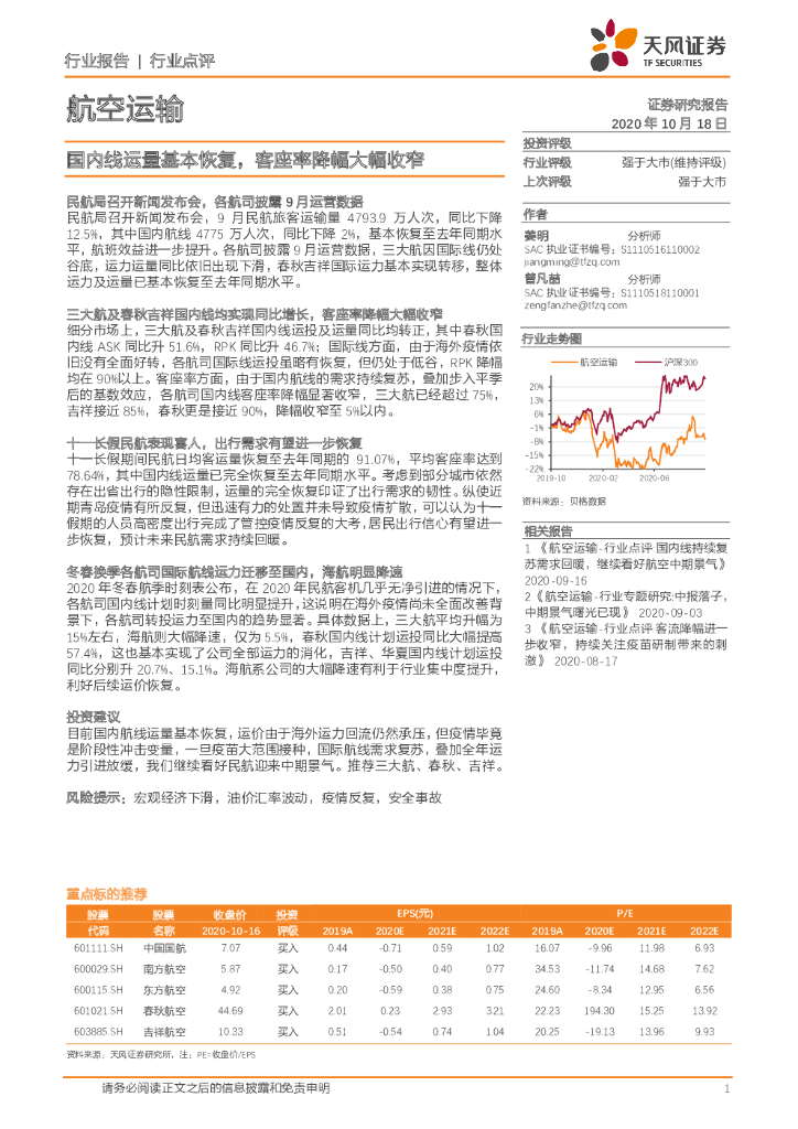 天风证券：航空运输行业点评：国内线运量基本恢复，客座率降幅大幅收窄