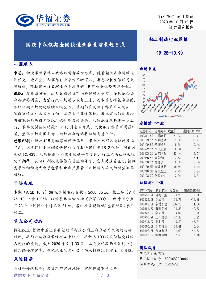 华福证券:轻工制造行业周报:国庆中秋假期全国<em>快递</em>业务量增长超5成