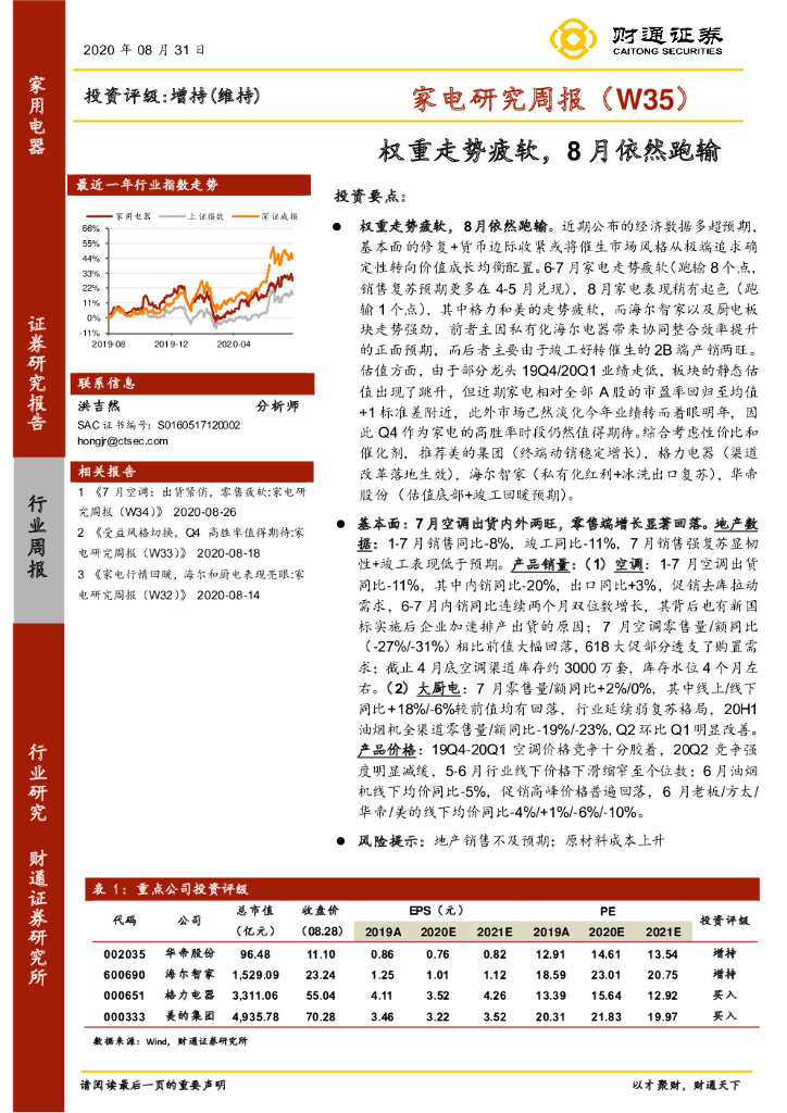 财通证券：家电研究周报（W35）：权重走势疲软，8月依然跑输