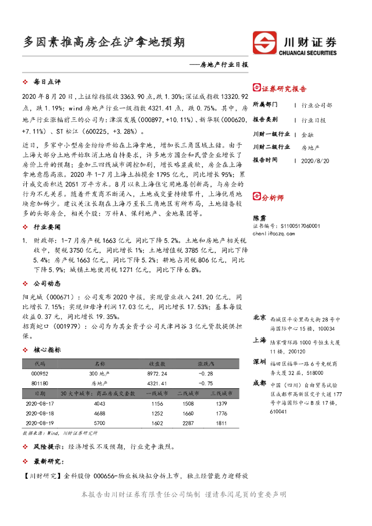 川财证券：房地产行业日报：多因素推高房企在沪拿地预期