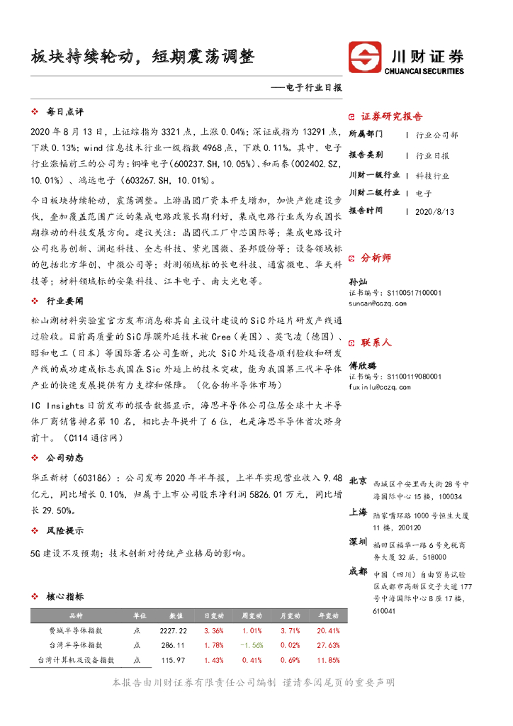 川财证券：电子行业日报：板块持续轮动，短期震荡调整