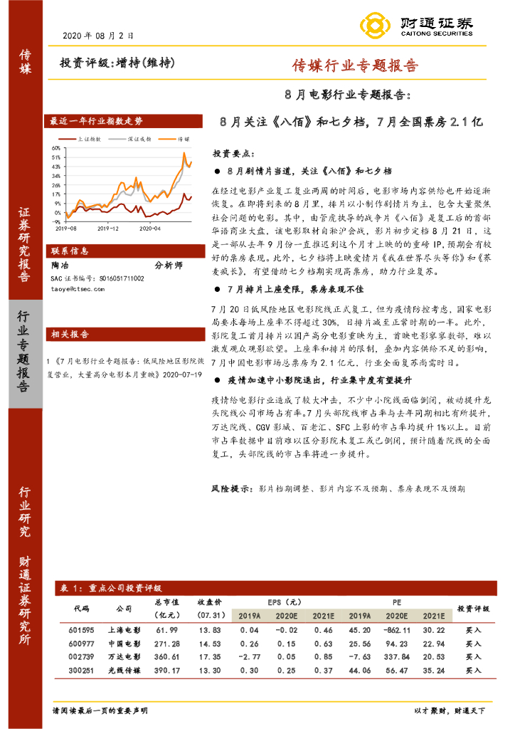 财通证券：传媒行业专题报告-8月电影行业专题报告：8月关注《八佰》和七夕档，7月全国票房2.1亿