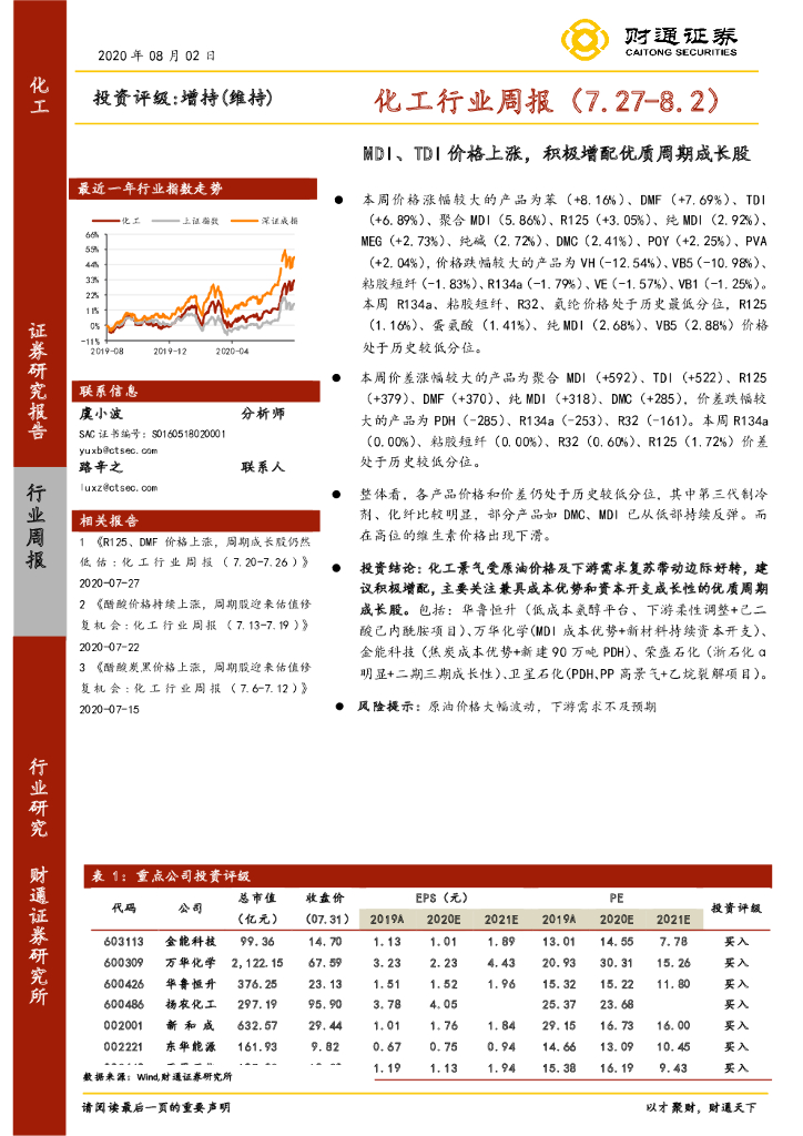 财通证券：化工行业周报：MDI、TDI价格上涨，积极增配优质周期成长股