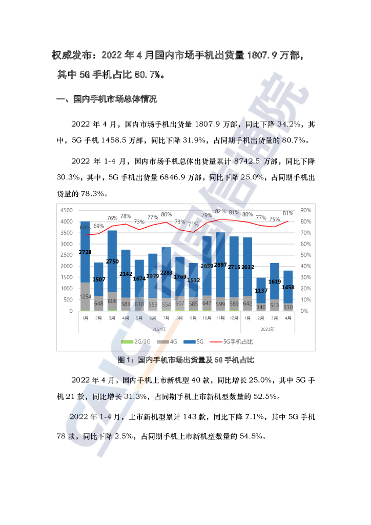 中国信通院：2022年4月国内手机市场运行分析报告