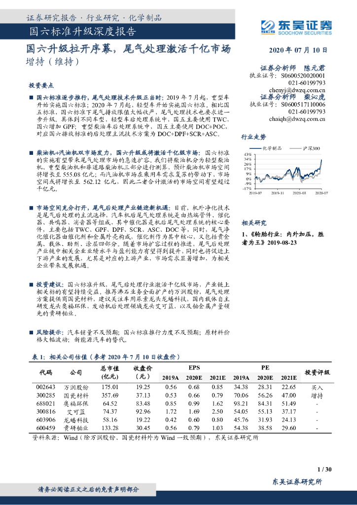东吴证券：化学制品-六标准升级深度报告：国六升级拉开序幕，尾气处理激活千亿市场
