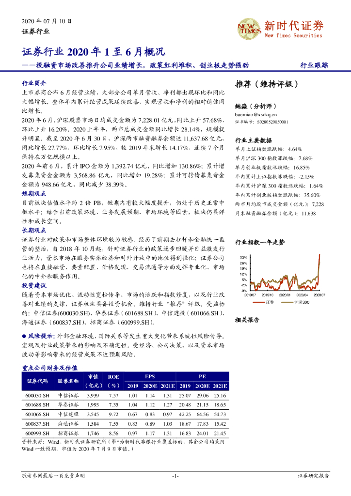 新时代证券：证券行业2020年1至6月概况：投融资市场改善推升公司业绩增长，政策红利堆积、创业板走势强劲