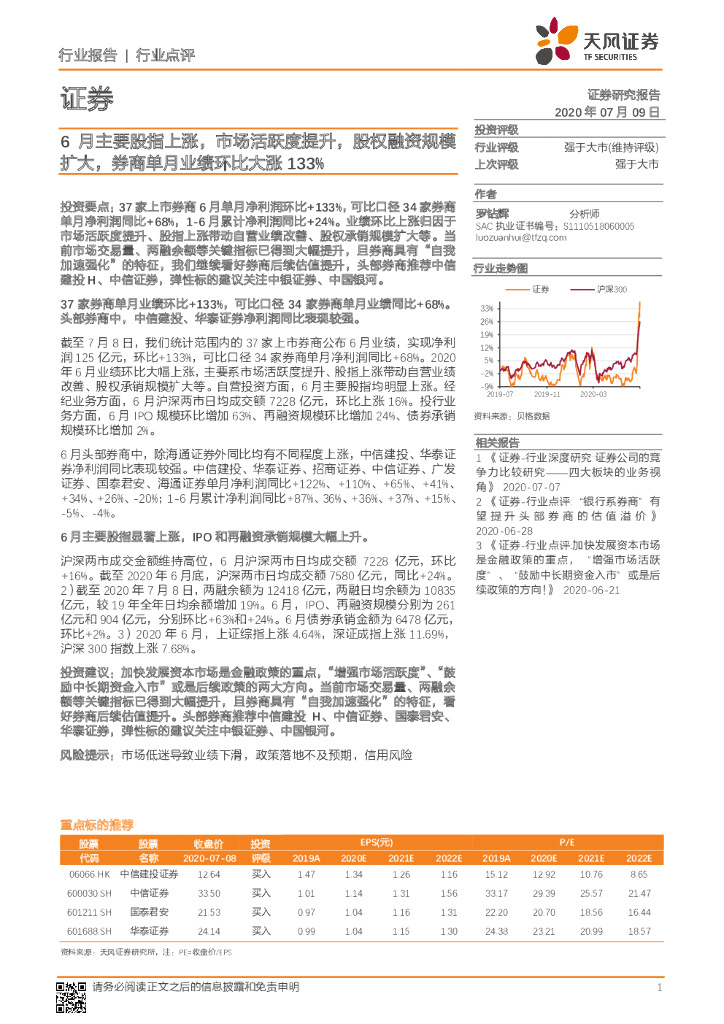 天风证券：证券行业点评：6月主要股指上涨，市场活跃度提升，股权融资规模扩大，券商单月业绩环比大涨133%