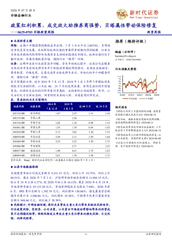新时代证券：非银投资周报：政策红利积累、成交放大助推券商强势，贝塔属性带动保险修复