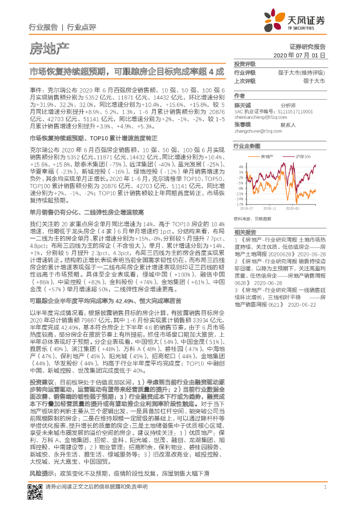 天风证券：房地产行业点评：市场恢复持续超预期，可跟踪房企目标完成率超4成