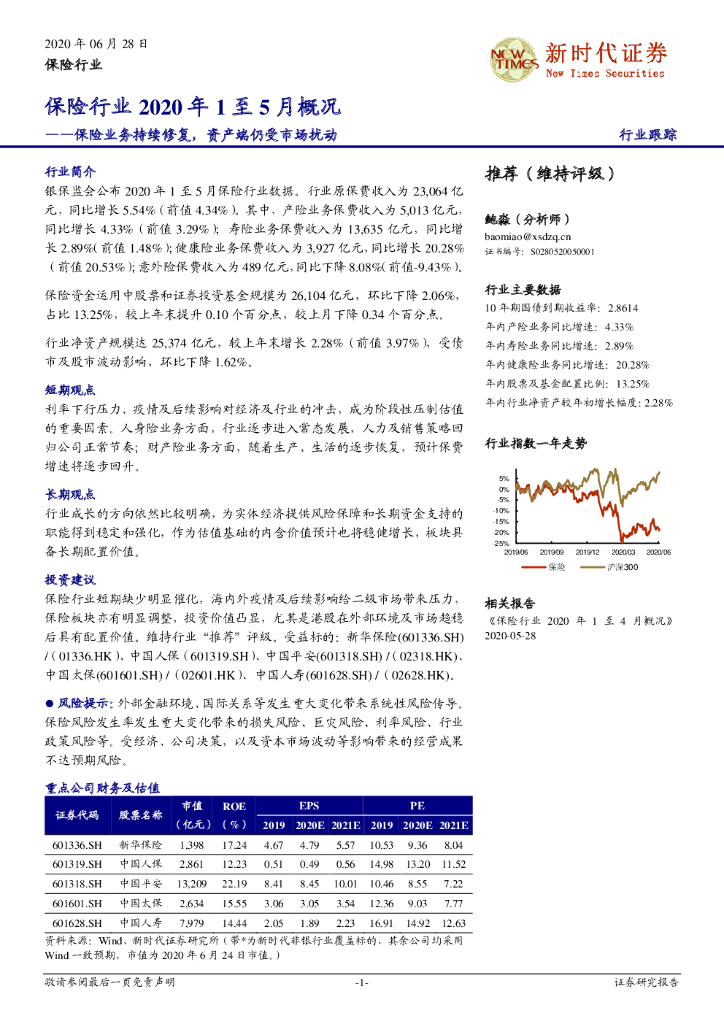 新时代证券：保险行业2020年1至5月概况：保险业务持续修复，资产端仍受市场扰动