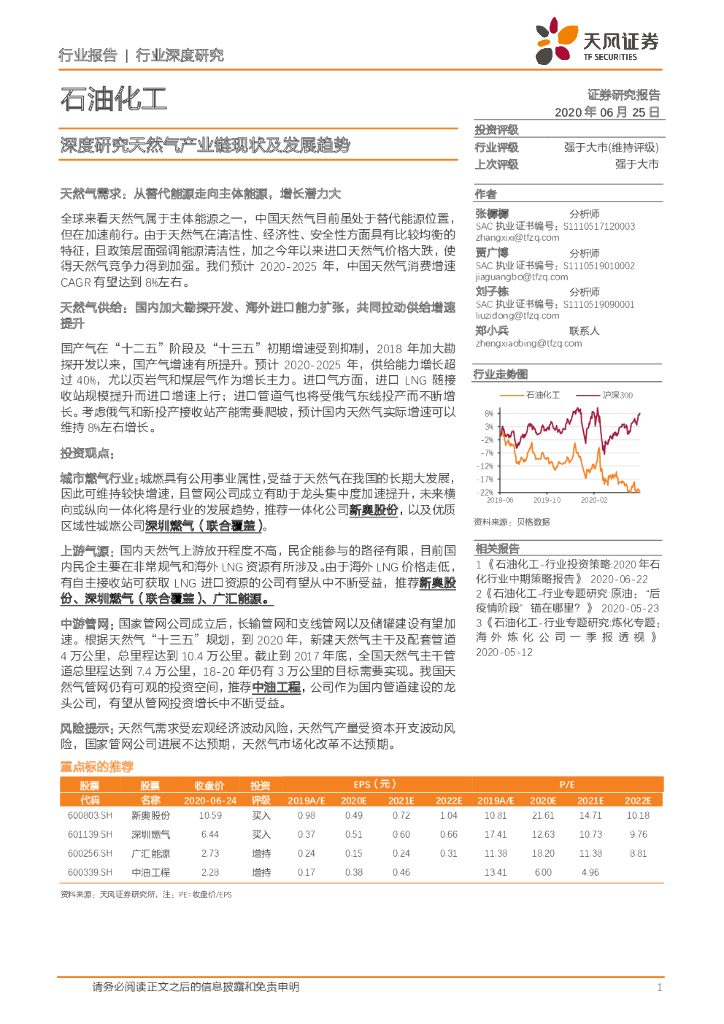 天风证券：石油化工行业深度研究：深度研究天然气产业链现状及发展趋势