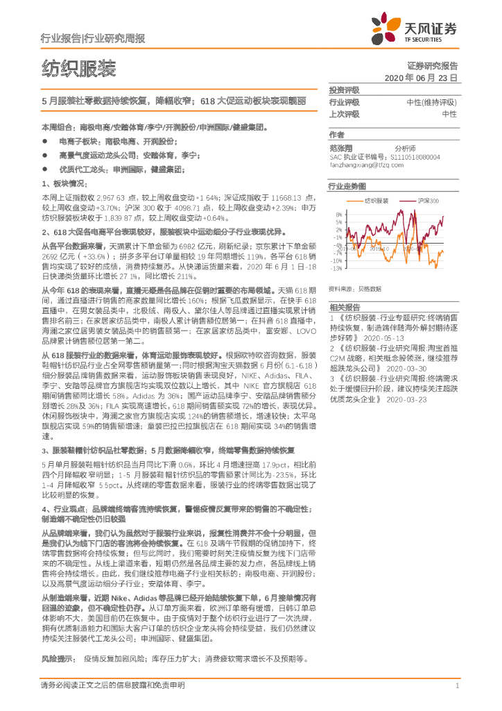 天风证券：纺织服装行业研究周报：5月服装社零数据持续恢复，降幅收窄；618大促运动板块表现靓丽