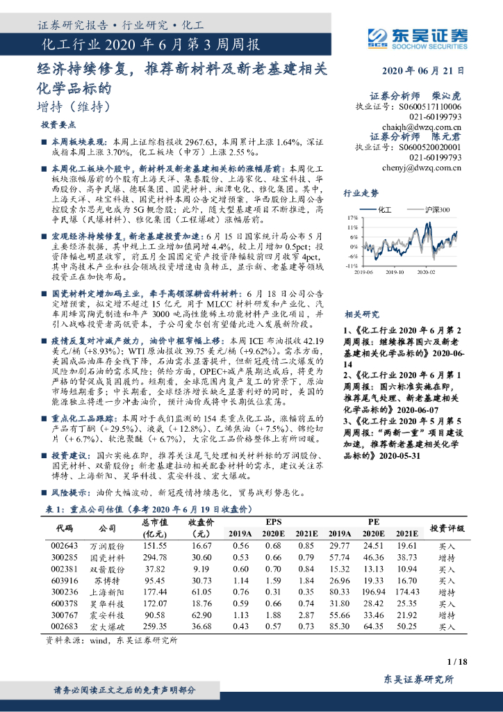 东吴证券：化工行业2020年6月第3周周报：经济持续修复，推荐新材料及新老基建相关化学品标的
