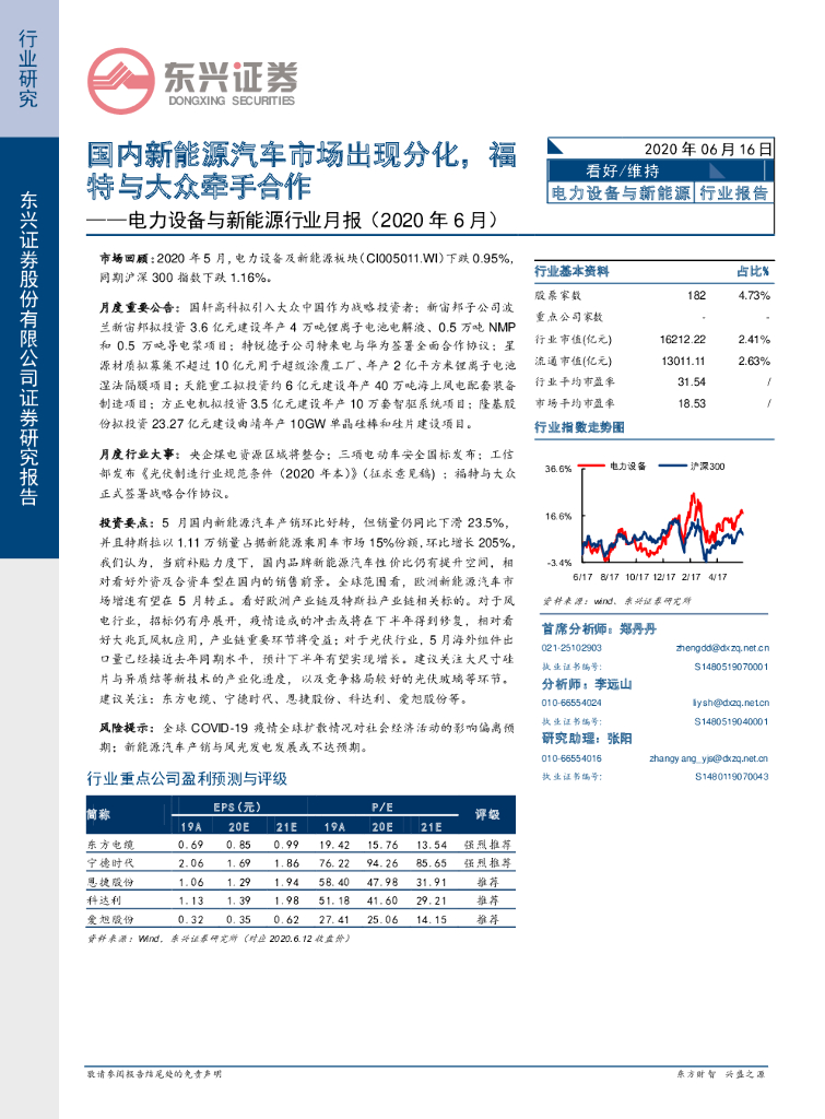东兴证券：电力设备与新<em>能源</em>行业月报（2020年6月）：国内新<em>能源</em>汽车市场出现分化，福特与大众牵手合作 海报