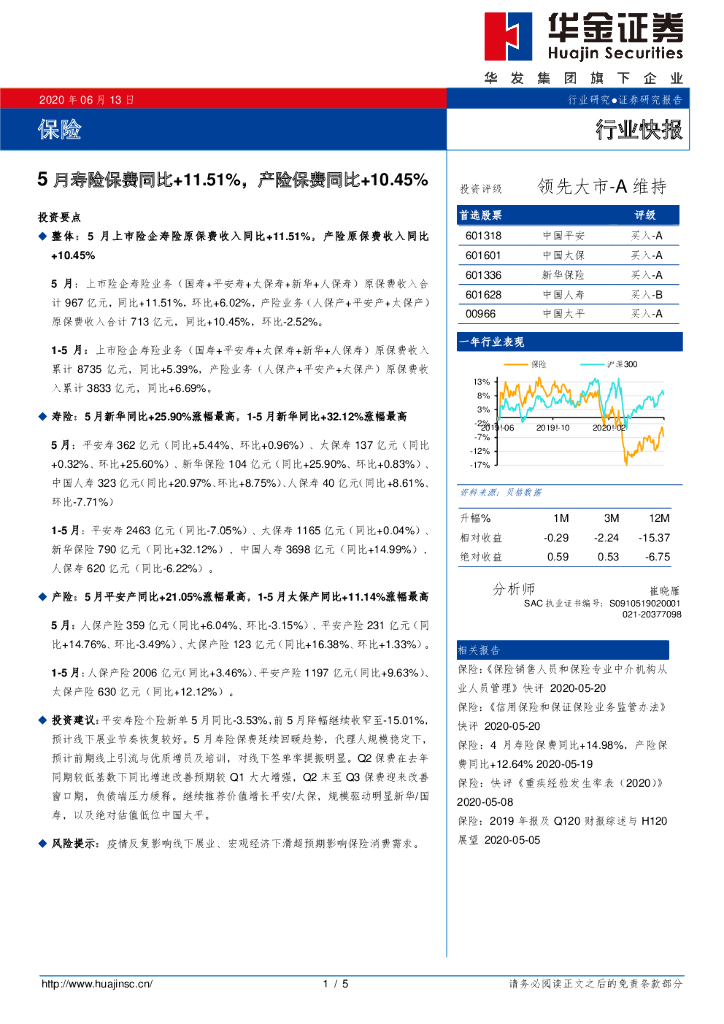 华金证券：保险：5月寿险保费同比+11.51%，产险保费同比+10.45%