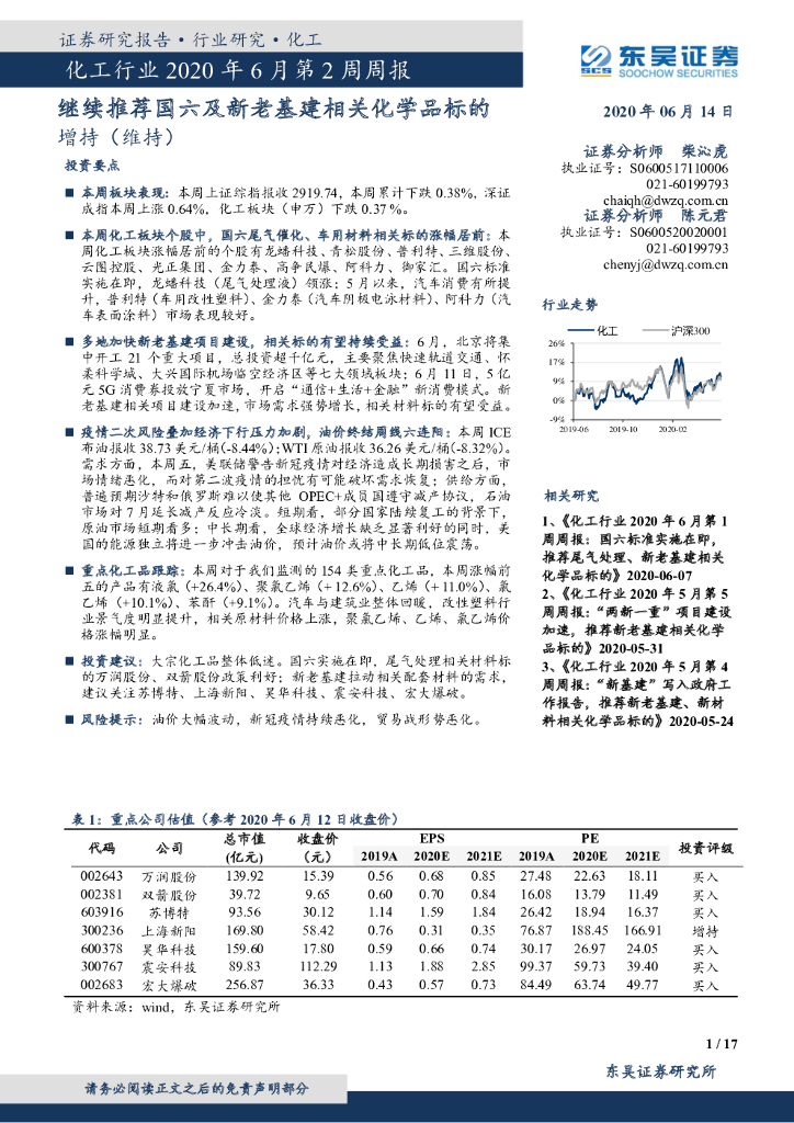 东吴证券：化工行业2020年6月第2周周报：继续推荐国六及新老基建相关化学品标的