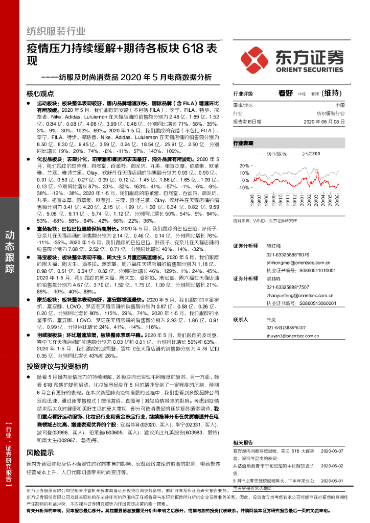 东方证券：纺服及时尚消费品2020年5月电商数据分析：疫情压力持续缓解+期待各板块618表现
