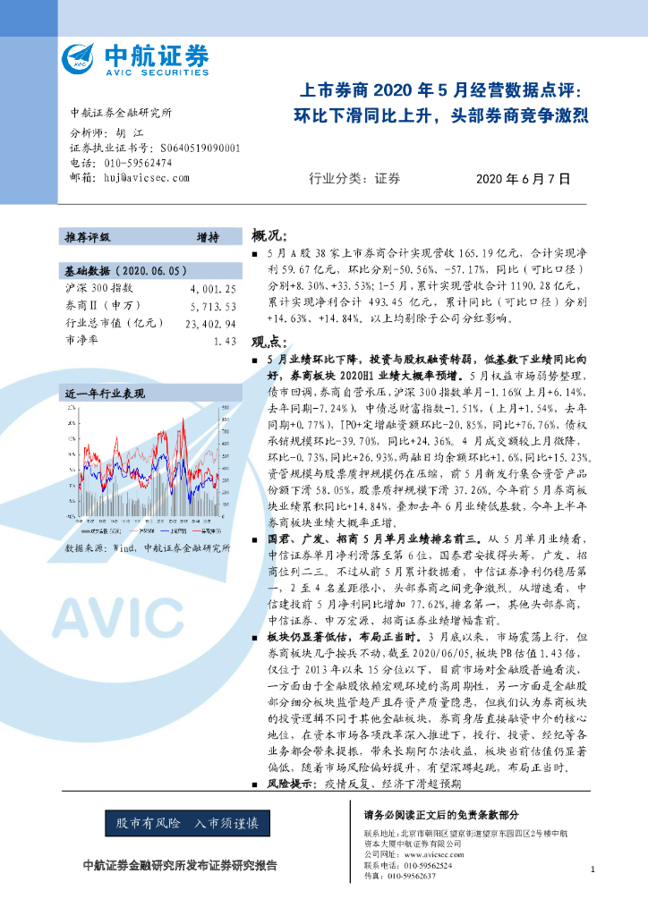 中航证券：上市券商2020年5月经营数据点评：环比下滑同比上升，头部券商竞争激烈