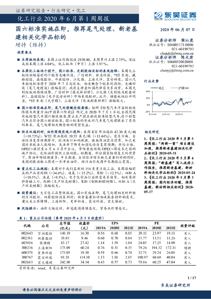 东吴证券：化工行业2020年6月第1周周报：国六标准实施在即，推荐尾气处理、新老基建相关化学品标的