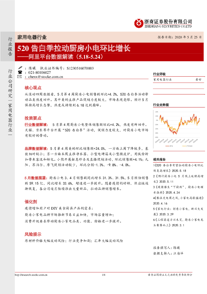 浙商证券：家用电器行业阿里平台数据解读：520告白季拉动厨房小电环比增长