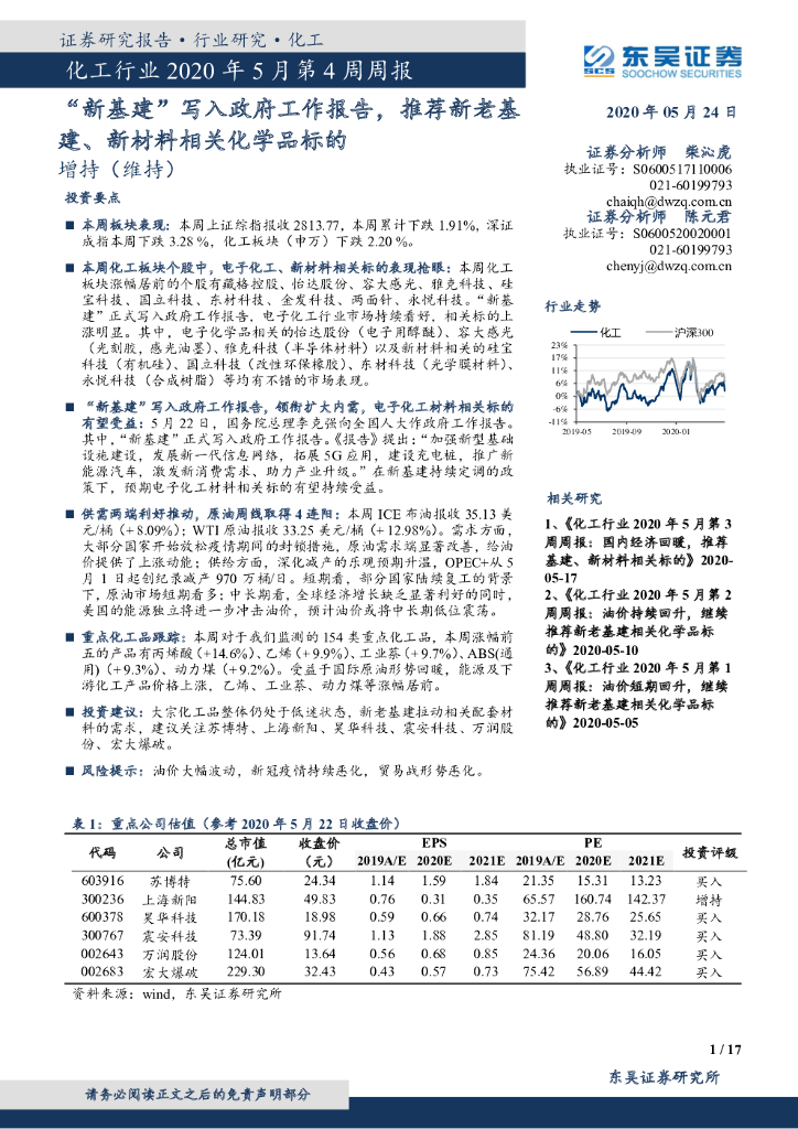 东吴证券：化工行业2020年5月第4周周报：“新基建”写入政府工作报告，推荐新老基建、新材料相关化学品标的
