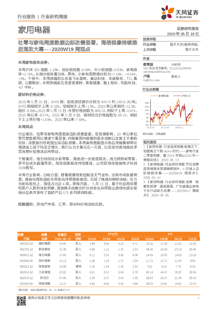 天风证券：家用电器2020W19周观点：社零与家电周度数据边际改善显著，海信视像持续推进混改大幕
