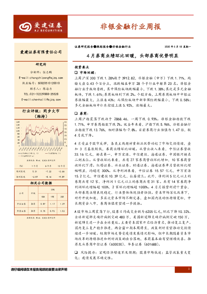 爱建证券：非银金融行业周报：4月券商业绩环比回暖，头部券商优势明显