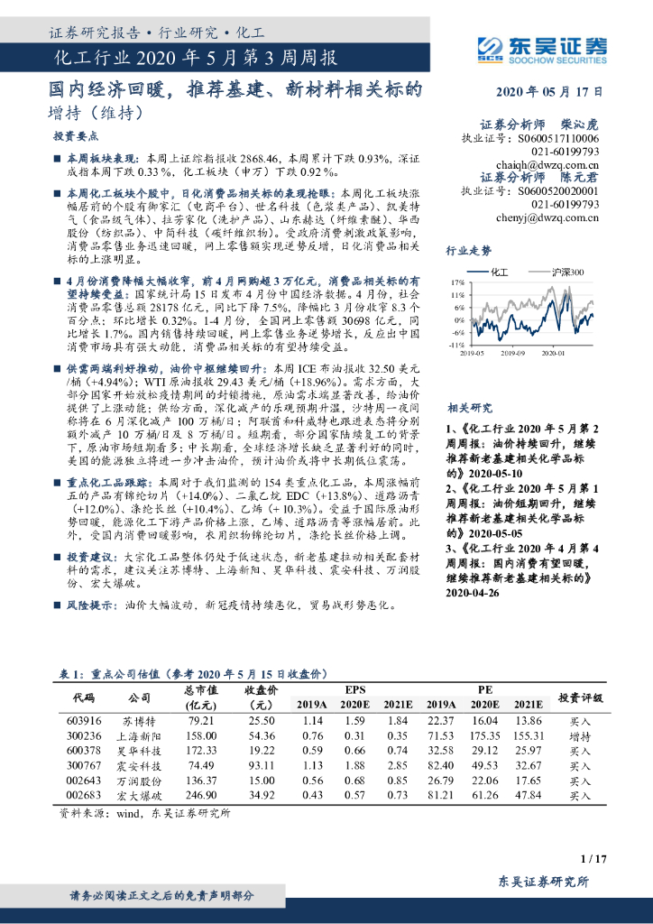 东吴证券：化工行业2020年5月第3周周报：国内经济回暖，推荐基建、新材料相关标的