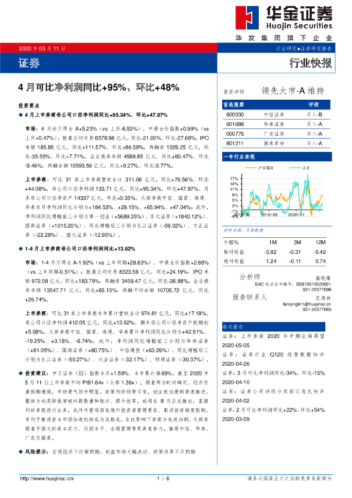 华金证券：证券：4月可比净利润同比+95%、环比+48%