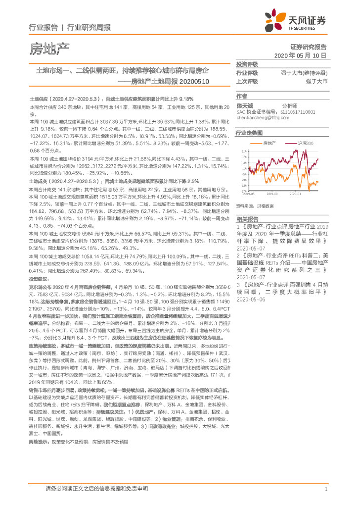 天风证券：房地产土地周报：土地市场一、二线供需两旺，持续推荐核心城市群布局房企