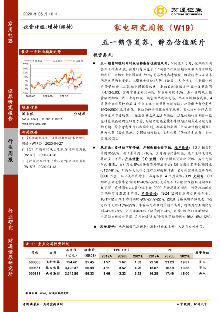 财通证券：家电研究周报（W19）：五一销售复苏，静态估值跃升