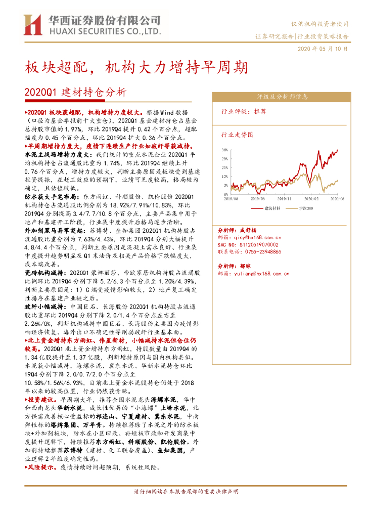 华西证券：2020Q1建材持仓分析：板块超配，机构大力增持早周期