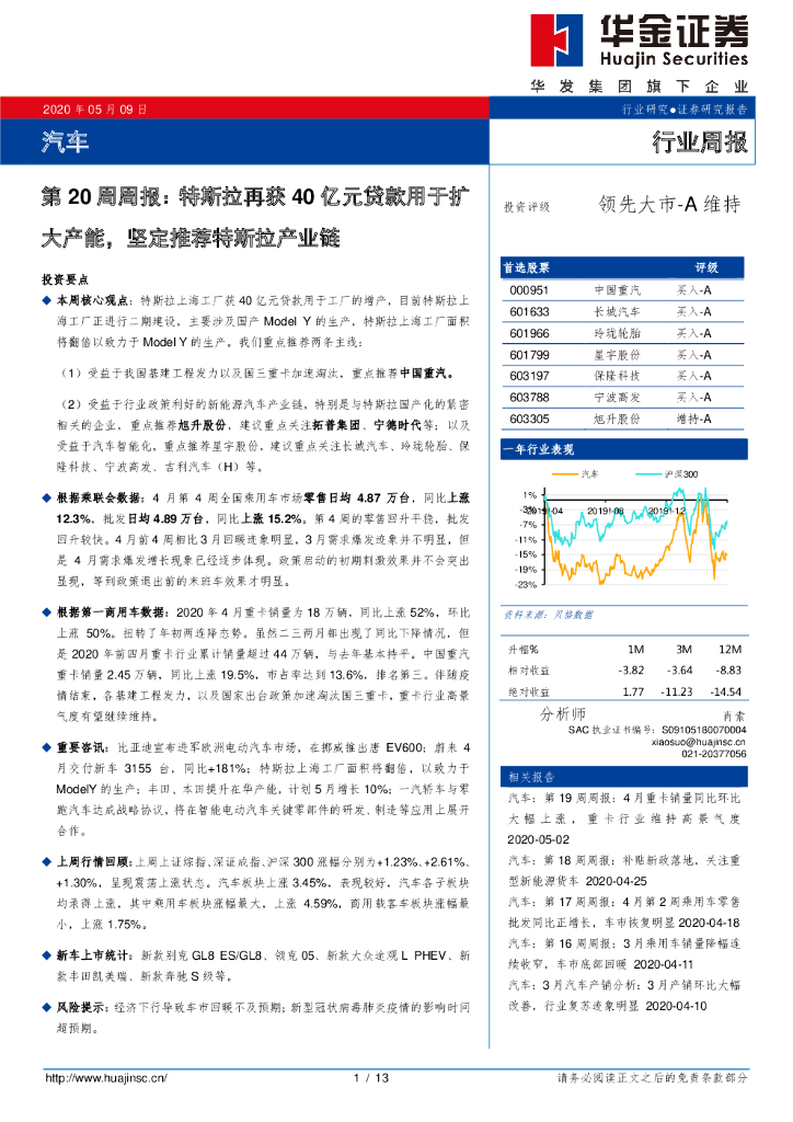 华金证券：汽车第20周周报：特斯拉再获40亿元贷款用于扩大产能，坚定推荐特斯拉产业链