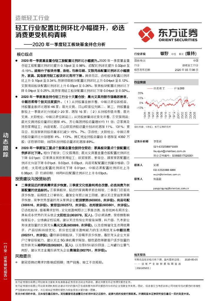 东方证券：2020年一季度轻工板块基金持仓分析：轻工行业配置比例环比小幅提升，必选消费更受机构青睐