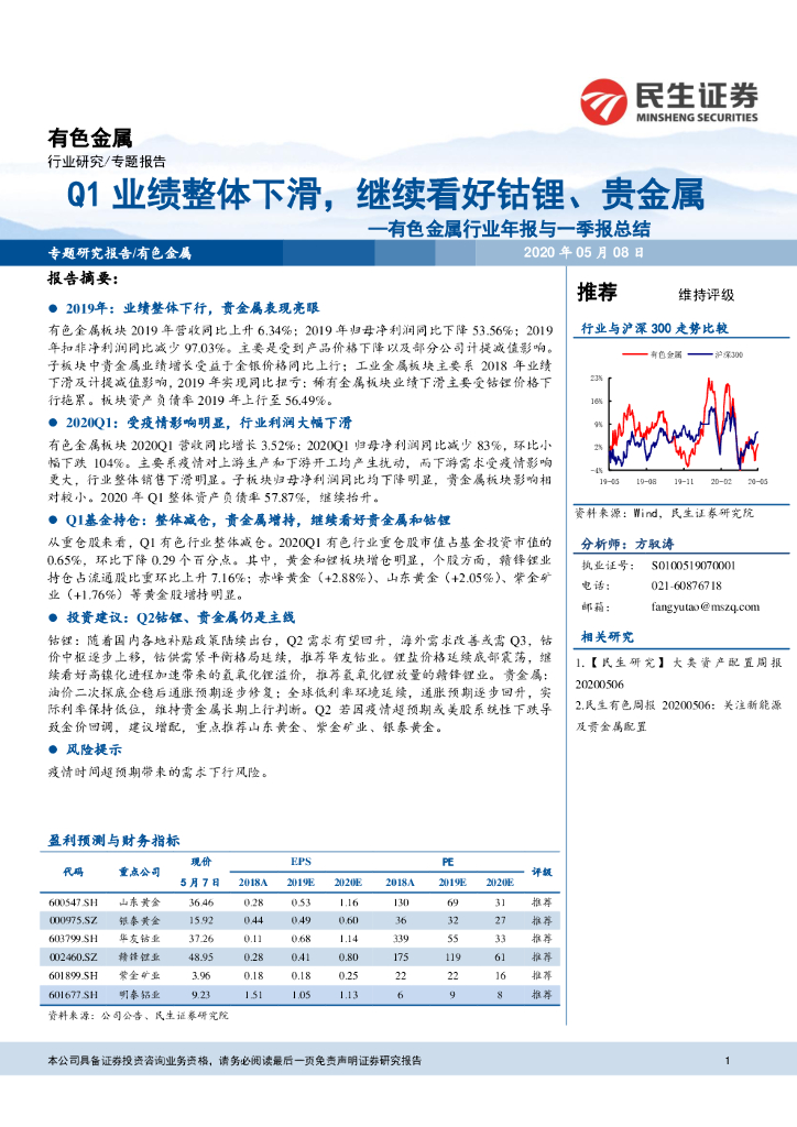 民生证券：有色金属行业年报与一季报总结：Q1业绩整体下滑，继续看好钴锂、贵金属