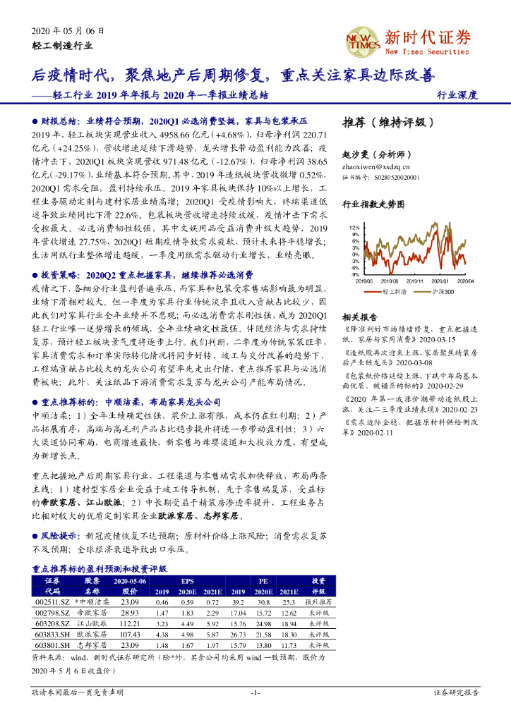 新时代证券：轻工行业2019年年报与2020年一季报业绩总结：后疫情时代，聚焦地产后周期修复，重点关注家具边际改善