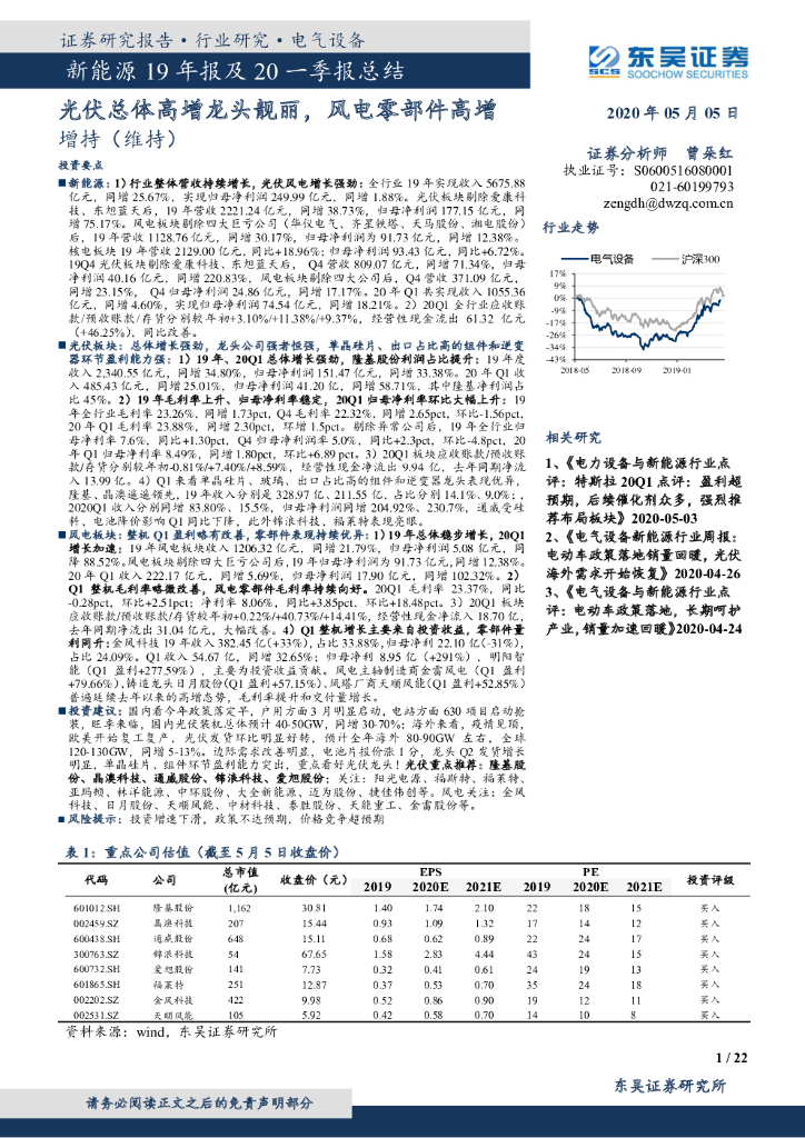 东吴证券：新<em>能源</em>19年报及20一季报总结：光伏总体高增龙头靓丽，风电零部件高增 海报