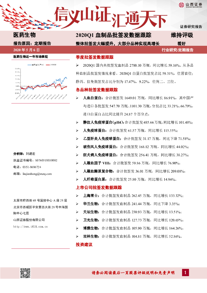 山西证券：医药生物：2020Q1血制品批签发数据跟踪-整体批签发大幅提升，大部分品种实现高增长