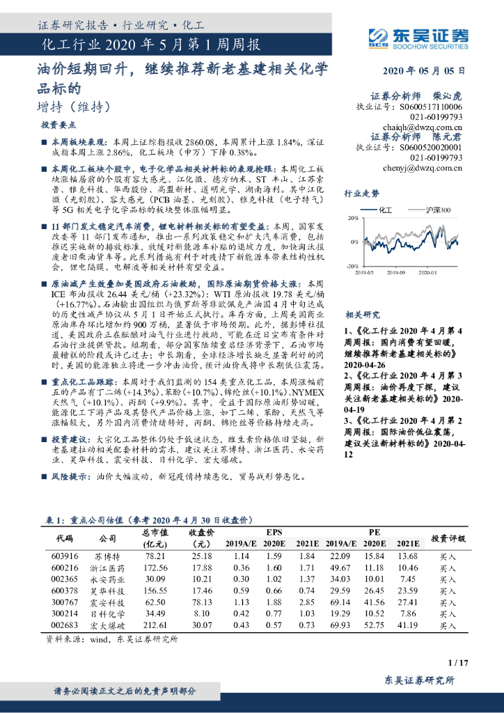 东吴证券：化工行业2020年5月第1周周报：油价短期回升，继续推荐新老基建相关化学品标的