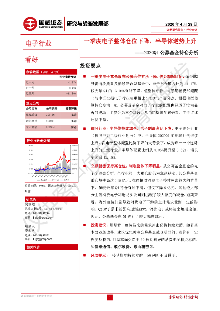 国融证券：电子行业2020Q1公募基金持仓分析：一季度电子整体仓位下降，半导体逆势上升