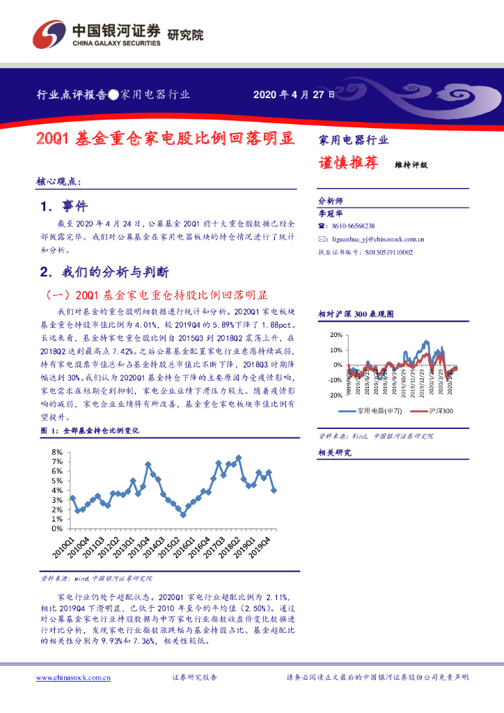 中国银河：家用电器行业：20Q1基金重仓家电股比例回落明显