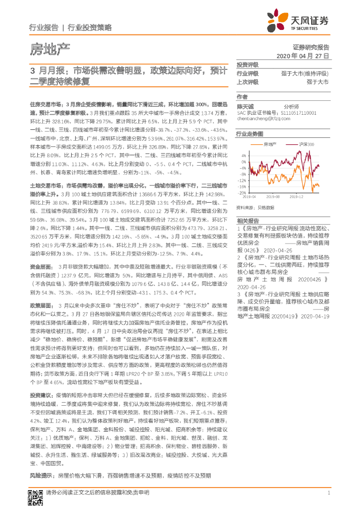 天风证券：房地产3月月报：市场供需改善明显，政策边际向好，预计二季度持续修复