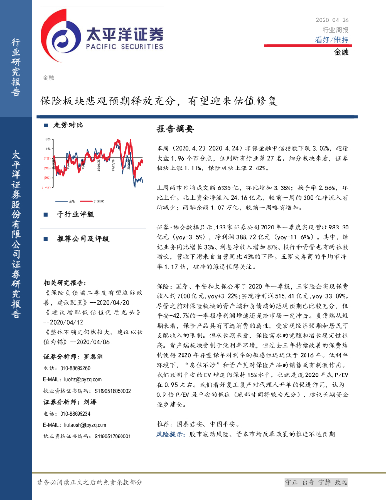 太平洋证券：金融行业周报：保险板块悲观预期释放充分，有望迎来估值修复