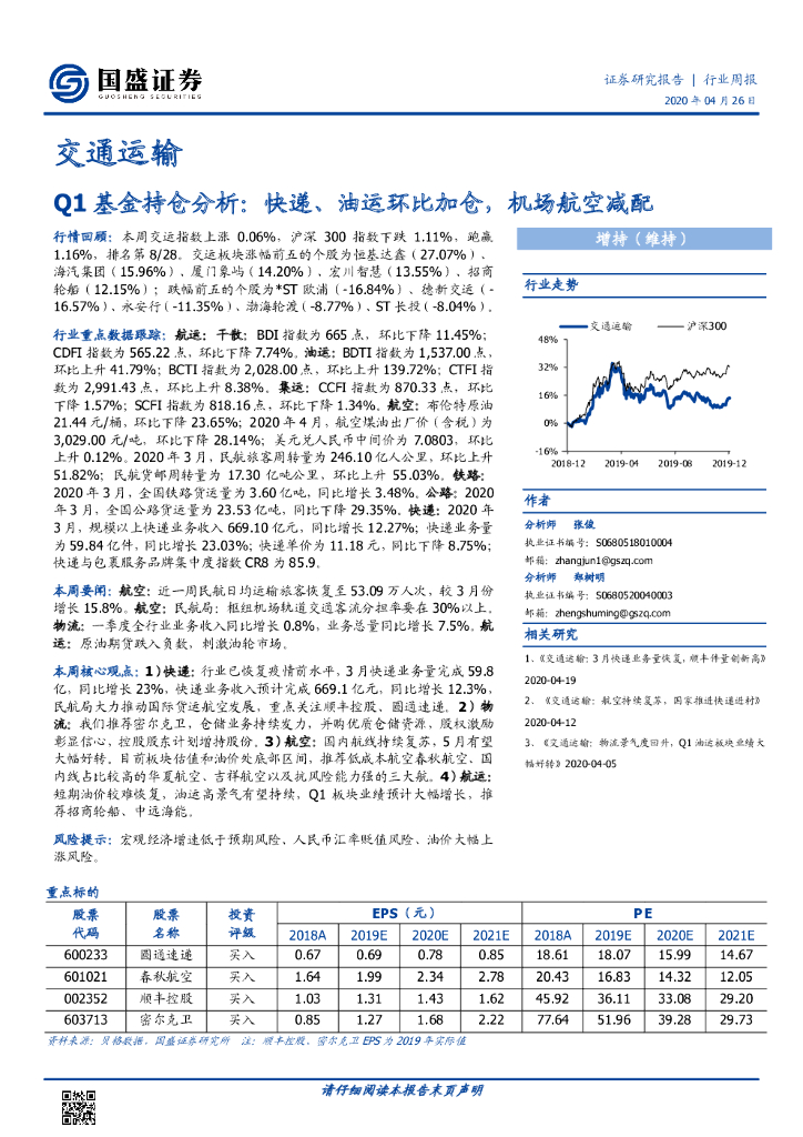 国盛证券：交通运输行业周报：Q1基金持仓分析：<em>快递</em>、油运环比加仓，机场航空减配