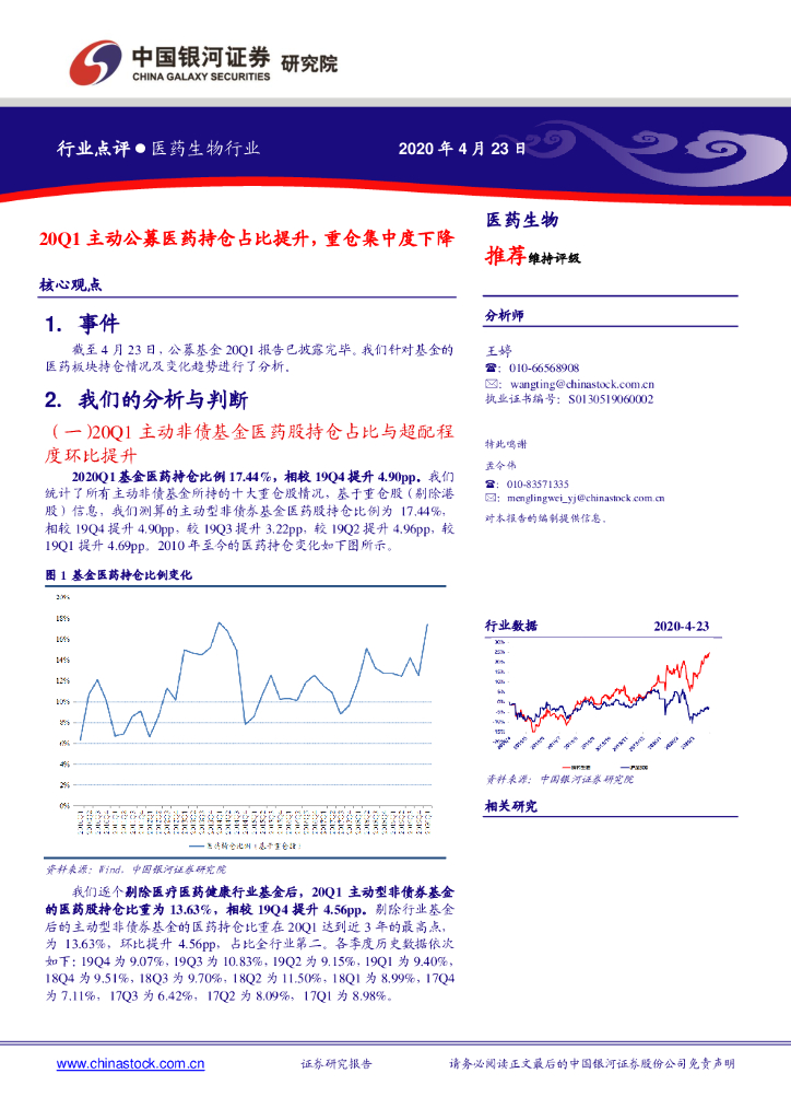 中国银河：医药生物行业：20Q1主动公募医药持仓占比提升，重仓集中度下降
