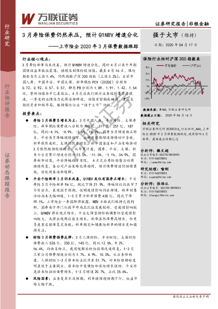万联证券：非银金融行业快评报告：上市险企2020年3月保费数据跟踪：3月寿险保费仍然承压，预计Q1NBV增速分化