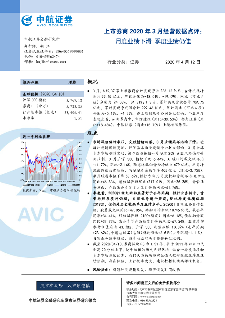 中航证券：证券行业上市券商2020年3月经营数据点评：月度业绩下滑季度业绩仍佳